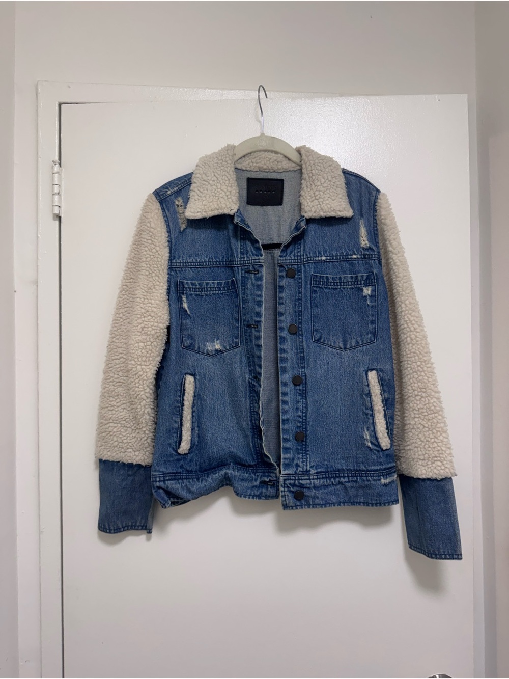 Blank NYC Blue Denim Jacket with Cream Sherpa Sleeves